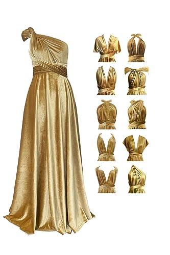 72styles Velvet Infinity Dress with Bandeau,Convertible Bridesmaid Dresses,Plus Size Velvet Wrap Maxi Long Dress Multiway Formal Dress Gold, One Size