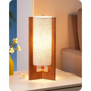 EDISHINE 13.5" Small Table Lamp, Walnut Wood Cylinder Nightstand Lamp for Bedroom, Beige Linen Shade, Corner Modern Bedside Lamp for Living Room, On-Off Line Switch, E26 Base (Bulb Not Included) (Dark Pearwood Color)