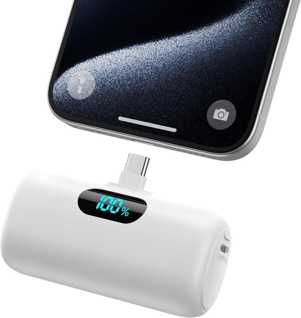 Mini Portable Charger USB C Power Bank, Upgraded 5000mAh PD Fast Charging Battery Pack Built-in USB-C Connector,LCD Display,Compatible with iPhone 15,15 Plus,15 Pro/ Max,iPad Pro/Air Android Phone etc (White)