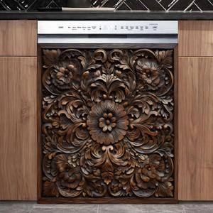 Dishwasher Cover Sticker 23x26 Inch, Rustic Dark Wood Carved Floral Relief Pattern Vinyl Decal, Waterproof Removable Dishwasher Door Wrap for Kitchen Appliance Decor(Brown), 23 inches x 25.5 inches
