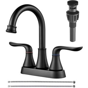 Bathroom Faucets for Sink 3 Hole, 4 inch Matte Black with Pop-up Drain and 2 Supply Hoses 2 Handle Centerset Faucet for Sink Vanity