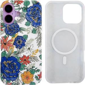 J.west for iPhone 16 Case 6.1" Compatible with MagSafe Soft Slim Spring Floral Animal Leopard Women Phone Case Protective Flower Design Cover for Girls (Blue Roses, for iPhone 16 6.1")
