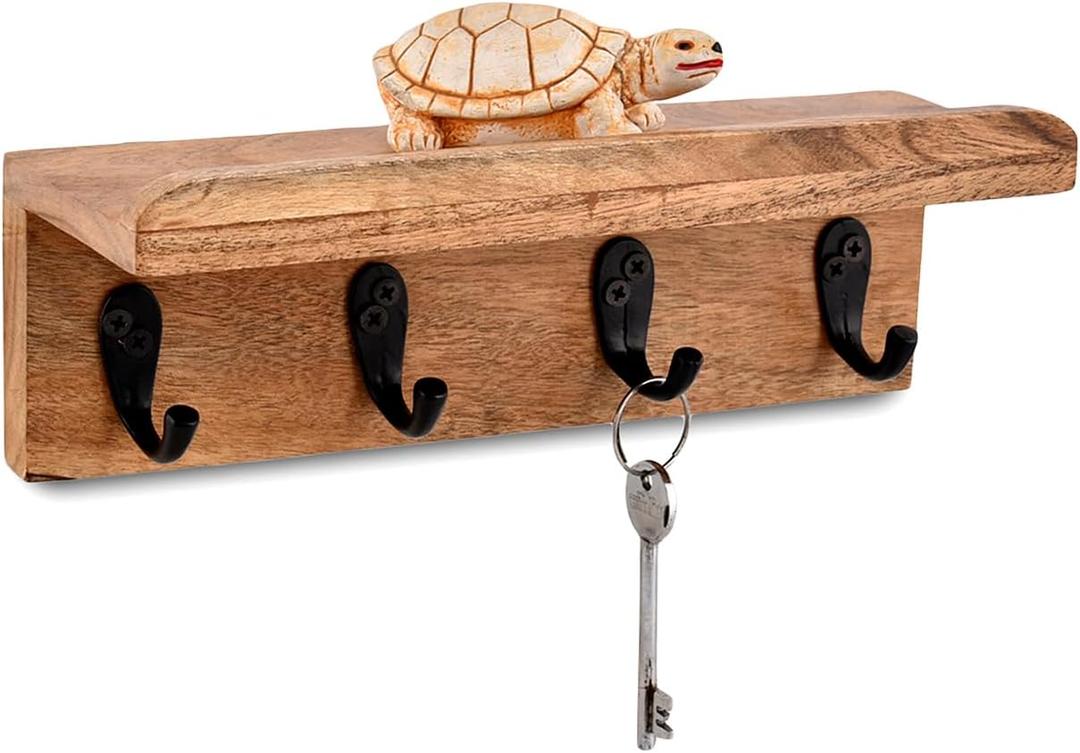 NIRMAN Acacia Wood Rustic Key Holder for Wall, Farmhouse Wall Shelf with 4 Hooks for Entryway Farmhouse Kitchen (10" x 3.5" x 3.5")