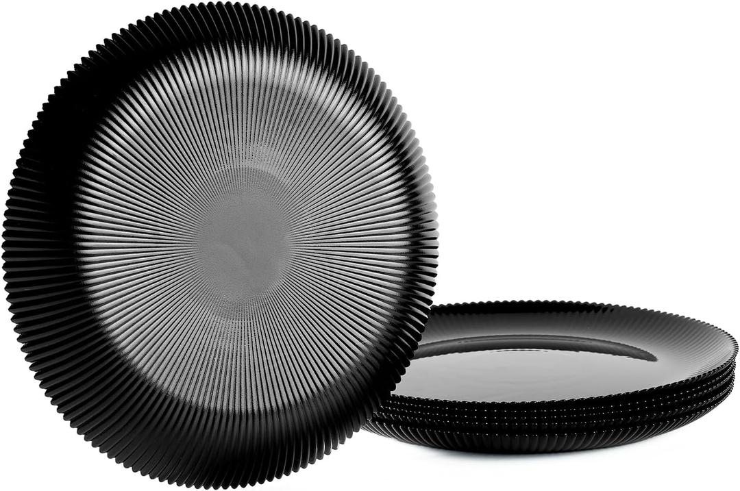 10.5 inch Ribbed Dinner Plate Set of 6, Round Opal Glass Black Dinnerware Plates, Dishwasher and Microwave Safe