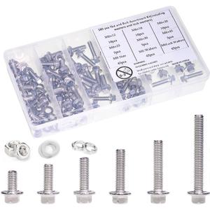 M6-1.0 x 12/16/20/30/45 Flange Hex Bolt Assortment Kit, 180pcs Stainless Steel Metric Flange Head Bolts and Nuts Set.