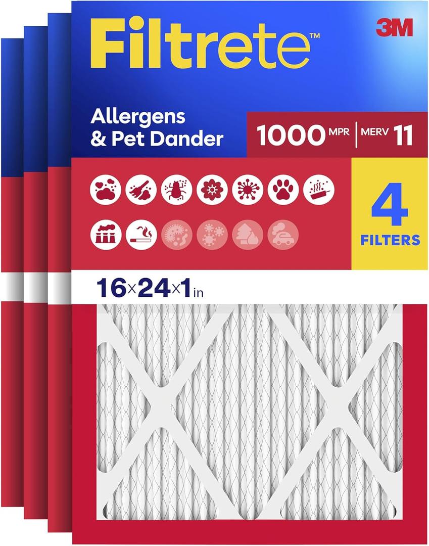 Filtrete 16x24x1 Air Filter, MERV 11, MPR 1000, Allergens & Pet Dander, 3-Month AC and Furnace Filters, Cleaner Air, Reliable Airflow, 4 HVAC Filters (Actual Size 15.68 x 23.68 x 0.81 in)