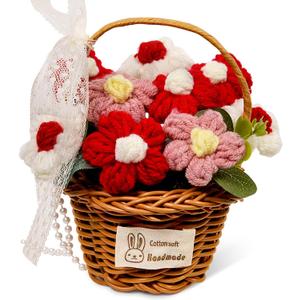 Crochet Sunflowers Bouquet, Handmade Knitted Sunflower Basketed for Mom, Friends, Teacher Appreciation Gifts, Desk Decor, Christmas, Graduation, Cute Birthday Gifts for Woman (Basket Pink-Red)