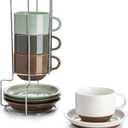 Sweese 8 Ounce Cappuccino Cups Set of 4, Porcelain Stackable Coffee Cups with Saucers and Metal Stand, Multicolor