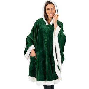 PAVILIA Wearable Blanket for Adult Women, Cozy Plush Fleece Blanket Poncho Cape with Hood, Super Soft Shawl, Angel Wrap Throw for Office, Emerald Green