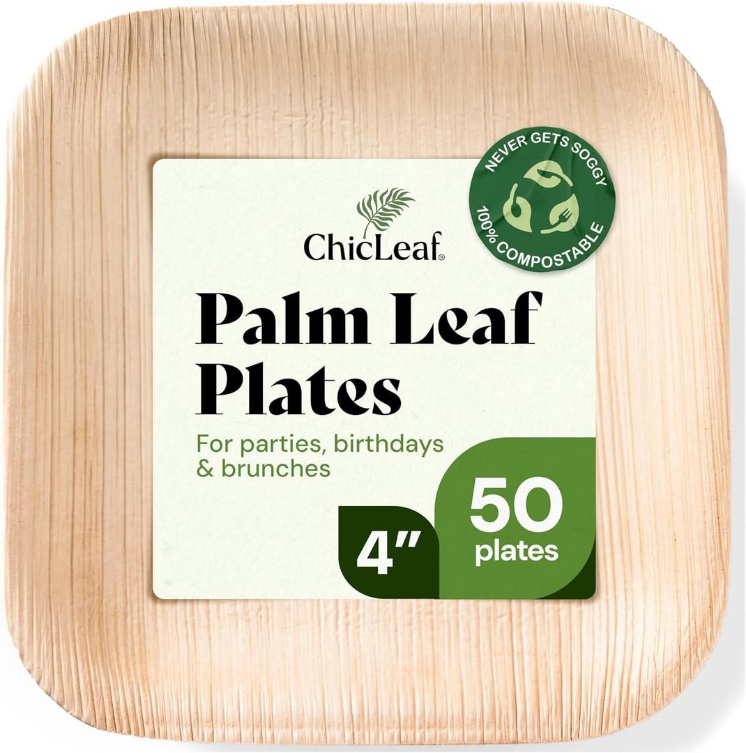 Chic Leaf 4-Inch Palm Leaf Plates, 50 Pack - Compostable Small Disposable Plates for Appetizers and Desserts - Heavy Duty Bamboo-Style Wood Dinnerware for Weddings, Parties, and Picnics