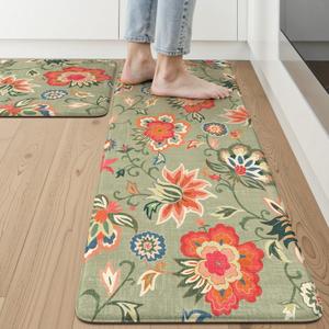 LEEVAN Anti Fatigue Mats for Kitchen Floor 2 Piece,Cushioned Memory Foam Green Kitchen Mats for Floor,Comfort Floral Boho Non Slip Kitchen Floor Mat for Sink,Laundry,Office(17''x29''+17''x47'')