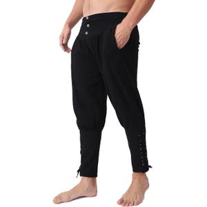 Mens Vintage Striped Pirate Pants Costume, Halloween Medieval Ankle Banded Pants, Renaissance Gothic Viking Navigator Trousers (M,Black-Button)
