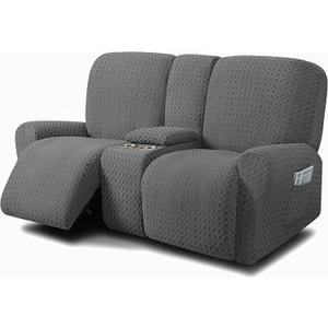ULTICOR Reclining Love Seat with Middle Console Slipcover, 8-Piece Jacquared Stretch Loveseat Reclining Sofa Covers, 2 seat Loveseat Recliner Cover, Thick, Soft, Washable, (Style 2) (Dark Grey)