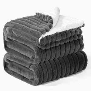 INFIIXSO Sherpa Fleece Queen Size Blanket - Super Soft & Warm Striped Fleece, Cozy Plush Fluffy Large Bed Blanket All Season Use (Grey, 90x90 Inches