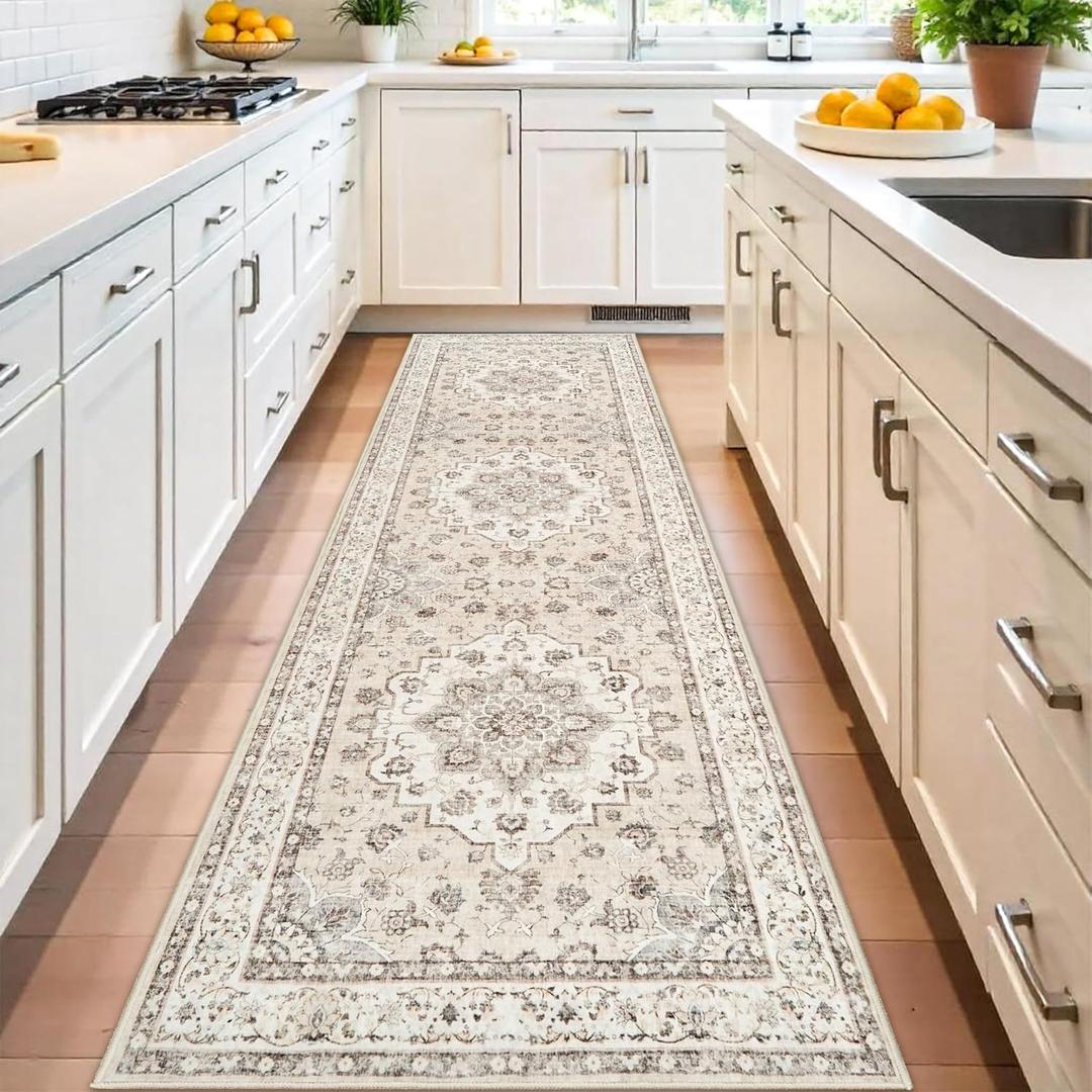 Entryway Washable 3x10 Runner Rug: Oriental Low Pile Rugs for Kitchen Hallway Distressed Stain Resistant Carpet for Bedroom Medallion Non Shedding Floor Mat For Bathroom Dining Room (3x10,Cream/Beige)
