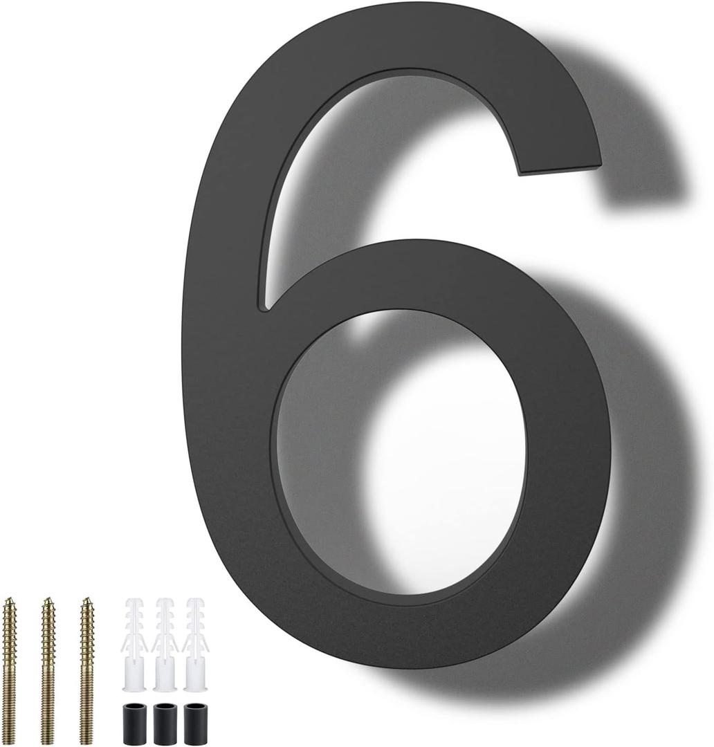DEWEL 8 inch Floating Large House Numbers for Outside, Black Modern House Address Numbers Decor for 911 Visibility Signage with Nail Kits (House Number 6) (Black 6)