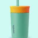 Owala Kids Insulation Stainless Steel Tumbler with Spill Resistant Flexible Straw, Easy to Clean, Kids Water Bottle, Great for Travel, Dishwasher Safe, 12 Oz, Pink and Purple (Lilac Rocket)