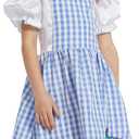 Kids Girls Wizard Costume Fancy Dress Plaid Print Puff Sleeves Gingham Dress (7-8 Years)