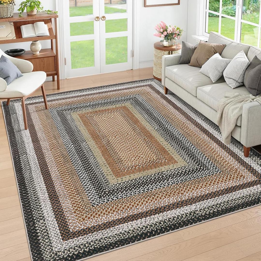 RUGSREAL 5x7 Bedroom Braided Area Rug Machine Washable Living Room Area Rug Modern Braid Printed Throw Carpet for Dining Room Non Slip Large Entryway Mat Farmhouse Rug for Home Decor, Sand/Bronze