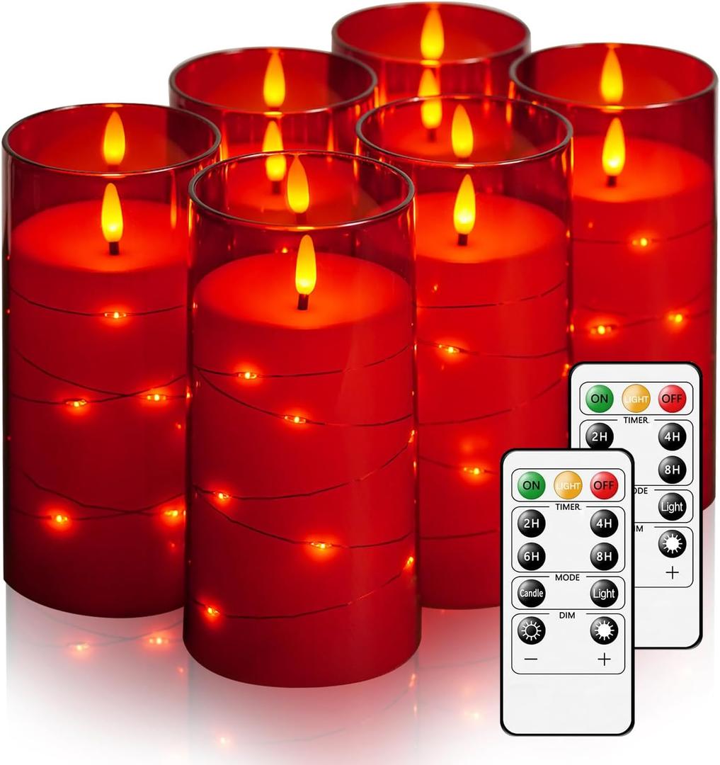 Flickering Flameless Candles with Remote Timer, 6pcs LED Battery Operated Candles with Embedded String Lights Red
