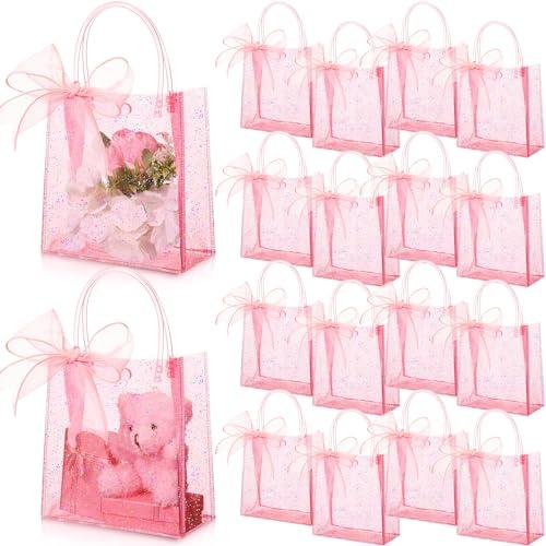 Sayglossy 24 Pcs Clear Pink Gift Bags with Handles 6.1 x 5.9 x 2.8 Inch Wedding Transparent Glitter Tote with Ribbons Reusable PVC Gift Wrap Bags for Baby Bridal Shower Birthday Party