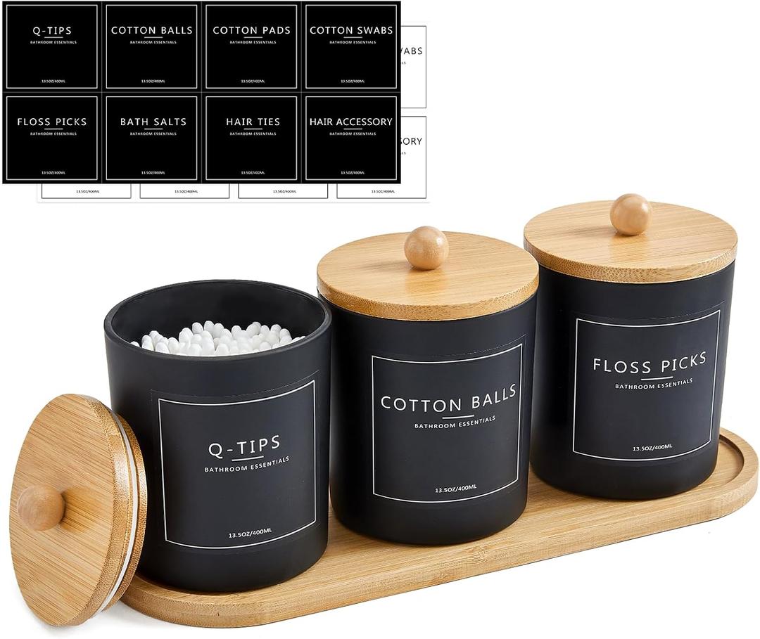 3 Pack Qtip Holder Bathroom Set with Tray,13.5oz Cotton Round Ball Pad Holder Cotton Swab Floss Pick Dispenser,Bathroom Organizers and Storage Container,Glass Apothecary Jars Canisters with Lids-Black