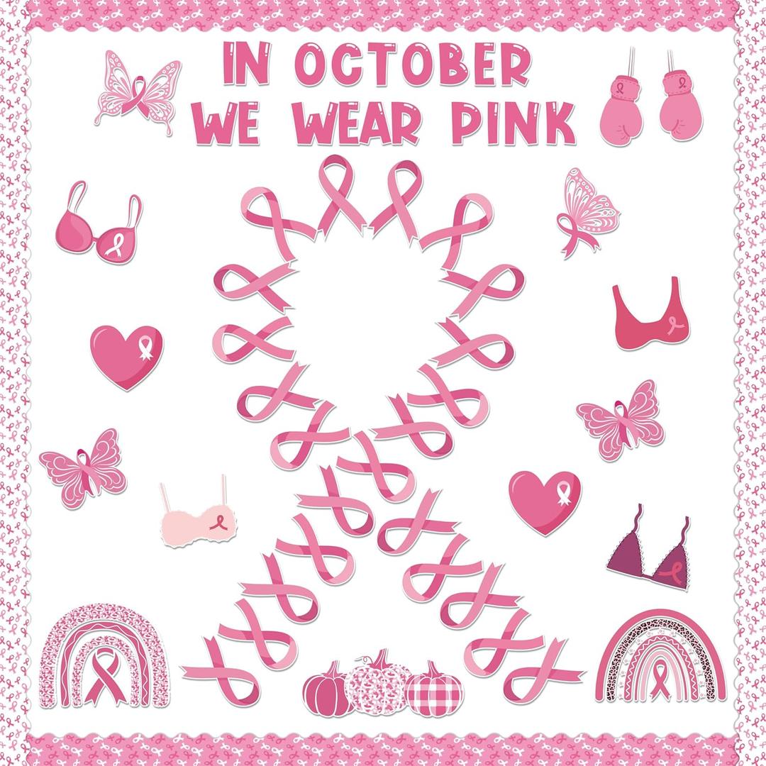123Pcs Pink Ribbon Breast Cancer Awareness Bulletin Board Classroom Decoration Set, Pink Ribbon Cutouts Name Tags Border Trim Charity Event Decor Office School Chalkboard Wall Supplies