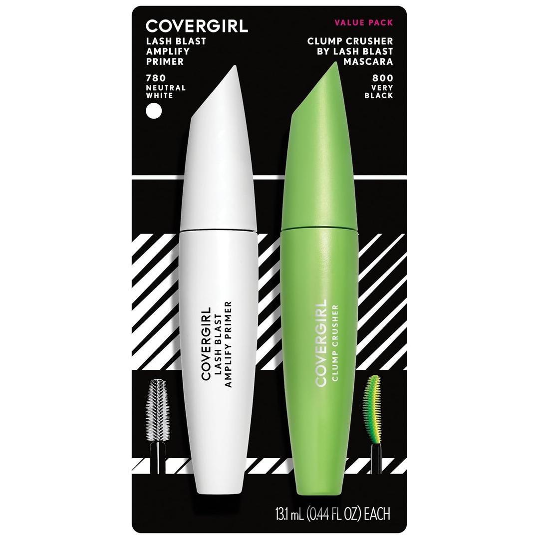 COVERGIRL Clump Crusher Mascara + Mascara Primer Bundle, 20X More Volume, Double Sided Brush, Long-Lasting Wear - 800 Very Black + 780 Neutral White Primer (Twin Pack)