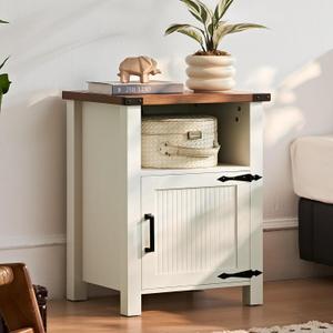 Joaxswe 18-Inch Nightstand with Charging Station and Fluted Door,White, 18 inches x 14 inches x 26 inches