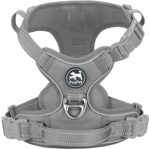 PoyPet No Pull Dog Harness, No Choke Reflective Dog Vest, Adjustable Pet Harnesses with 2 Leash Attachments with Easy Control Padded Handle for Small Medium Large Dogs(Gray,L)