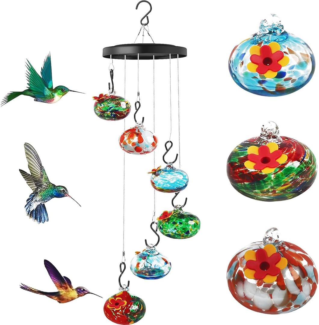Charming Wind Chimes Hummingbird Feeder for Outdoors Hanging Ant and Bee Proof, Never Leak,Unique Hand Blown Glass Humming Bird Feeder Perfect Garden Decor for Window Garden Patio