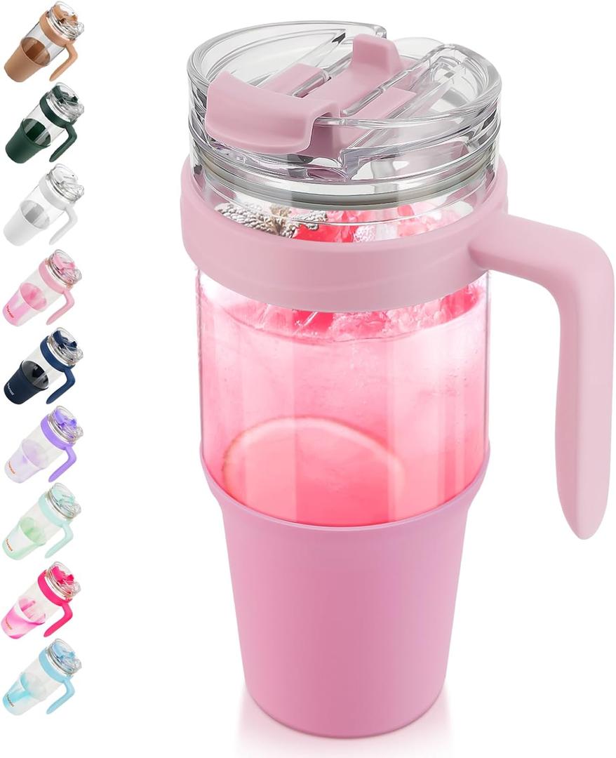 Tronco 40 oz Glass Tumbler with Straw and Lid, Leak-proof Flip Straw, Reusable Iced Coffee Cup with Handle, Glass Water Bottles Fits in Cup Holder, Lead-Free, BPA-Free