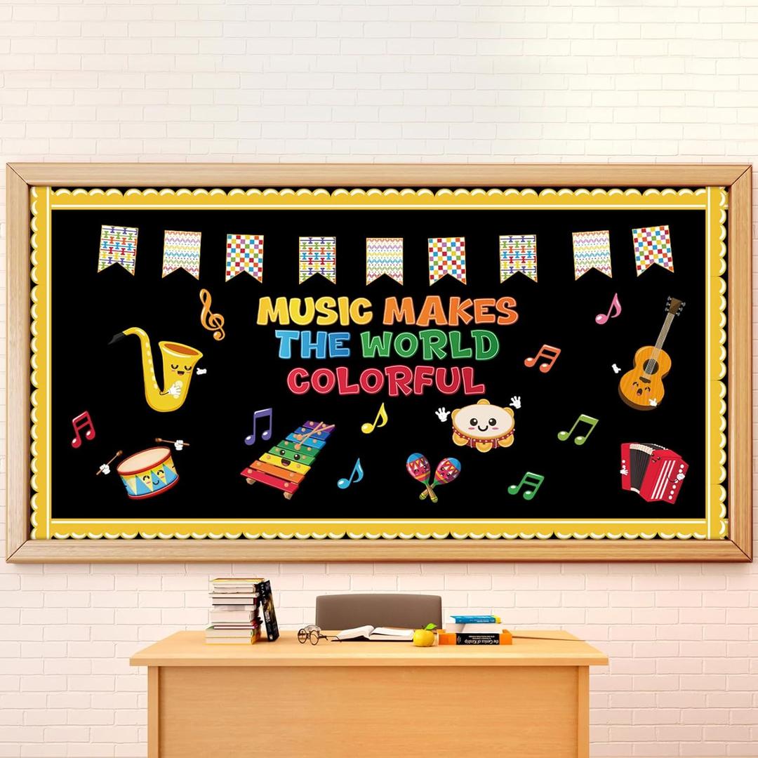 Janlaugh 65 Pcs Music Bulletin Board Decorations Set Music Makes The World Colorful Bulletin Board Decor Musical Notes and Instruments Paper Cutouts for Preschool Classroom Chalkboard Wall Decoration