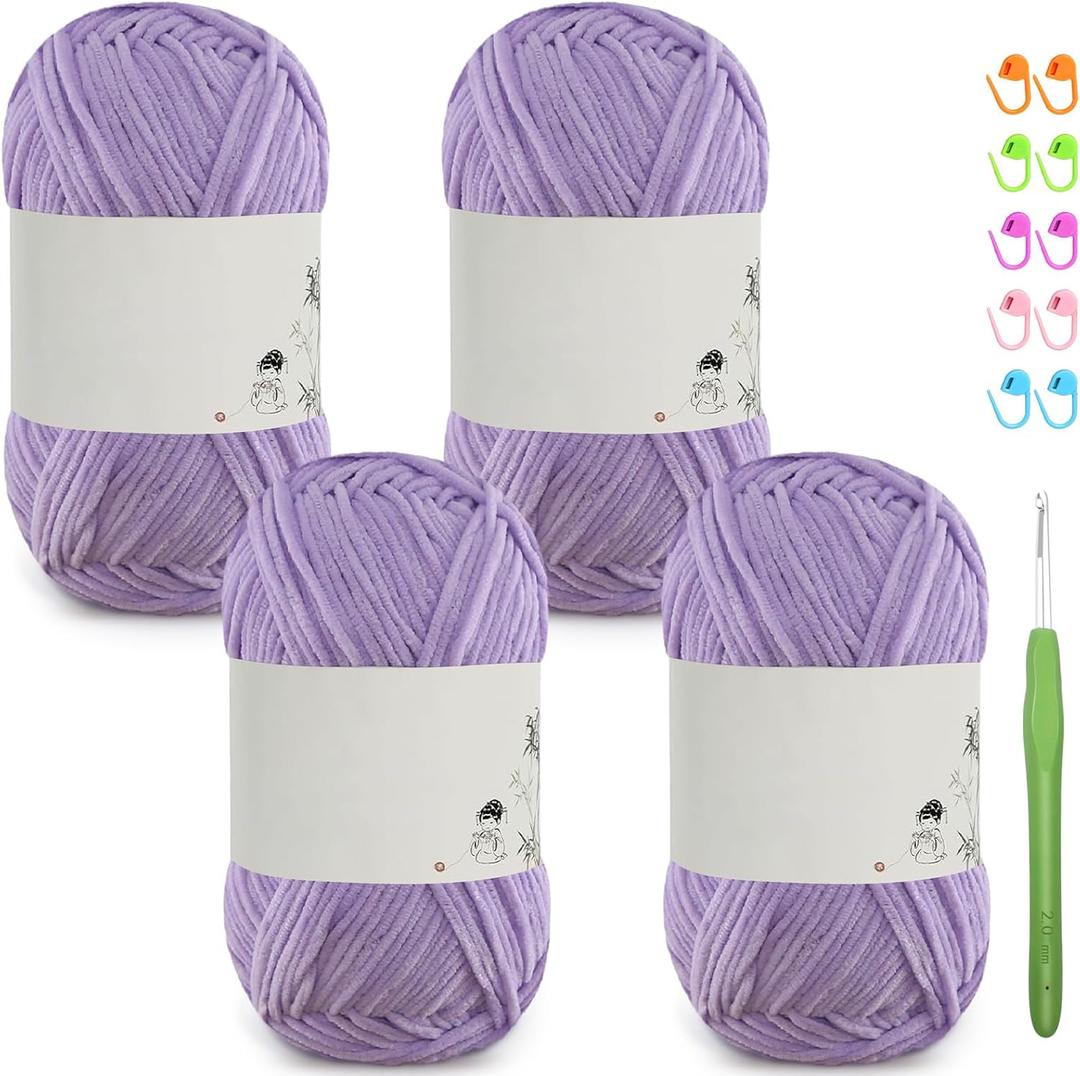 SIMEIQI 4 Pack of 1.76oz Chenille Yarn for Crocheting,158yards Soft Fluffy Velvet Yarn, Ideal Crochet for DIY Baby Blankets Toys Scarves Throw Pillows Hats Cushions(Purple)