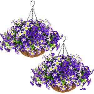 2 Set Artificial Petunias Flowers with Hanging Baskets, 24 Pcs Silk Petunia UV Resistant Purple Faux Petunias Flowers with Hanging Planter for Front Door Porch Spring Outside Decor (2, Purple)