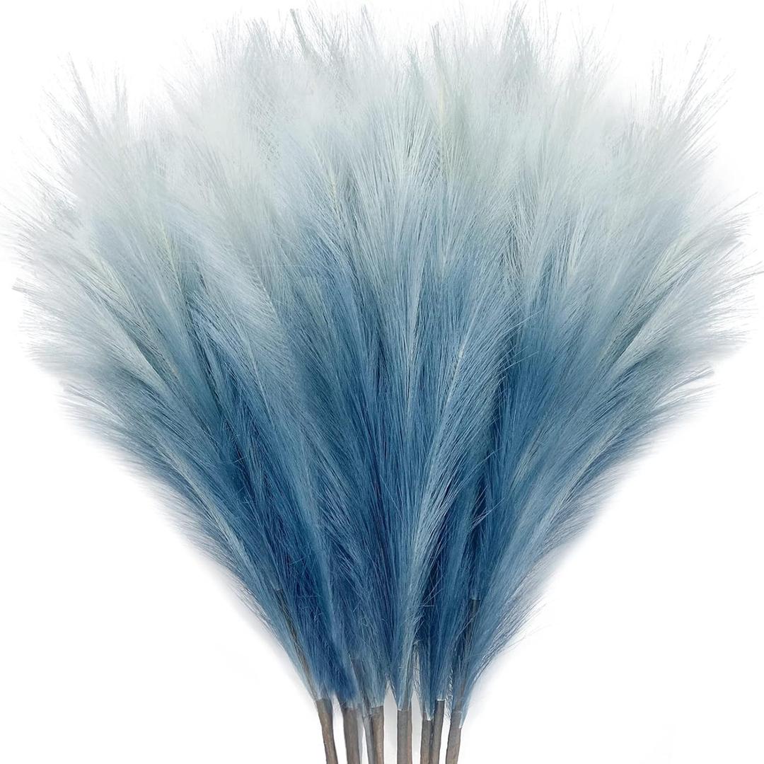 KALYLOC 8Pcs 35.4 Blue Colorful Faux Pampas Grass, Fluffy Artificial Bulrush Branches Boho Decor, Filler Tall Pampas Grass Reed Fluffy Stems for Living Room Wedding Decoration