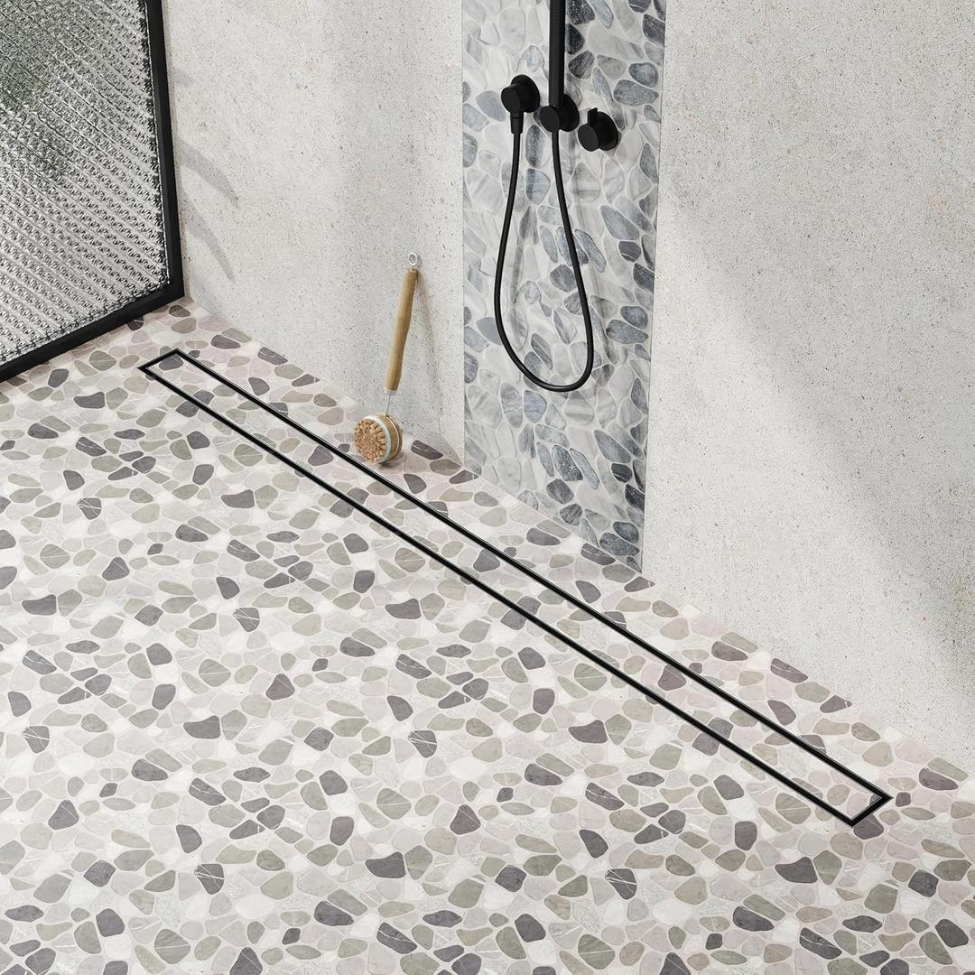 Neodrain 48-Inch Linear Shower Drain with Tile Insert Grate, Matte Black 304 Stainless Steel Rectangle Shower Floor Drain, Linear Drain with Leveling Feet, Hair Strainer (Black)