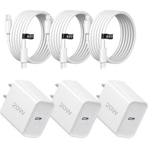 20W Fast Charger,3 Pack USB-C Port Charger with Type c-c Cablefor i Phone 17/16/15, i Pad and More (3 Pack White)