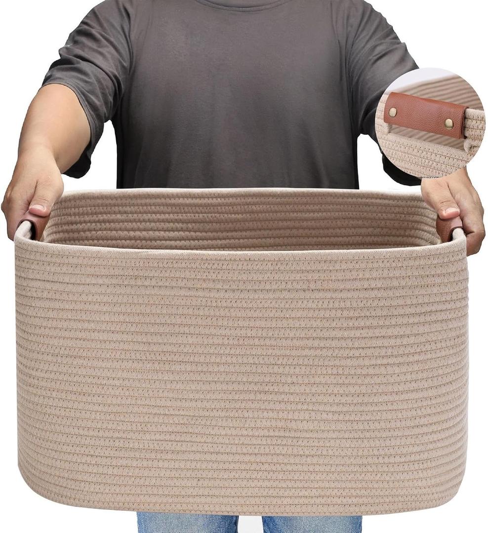 Large Cotton Rope Storage Basket with Leather Handles, Laundry Hamper Basket, 20 "L x 14" W x 12 "H, Durable & Stylish Organizer for Home.(Large Khaki)