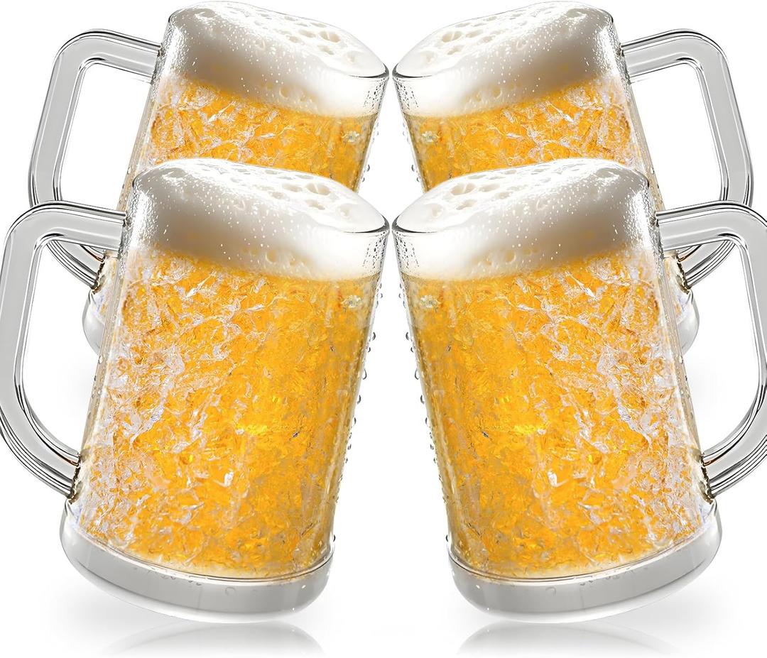 Beer Mugs for Freezer, Double Wall Insulated Plastic Glasses,13 oz Clear Plastic Frozen Beer Mug with Handle, Perfect Ice Cup for Home Party 4Pack