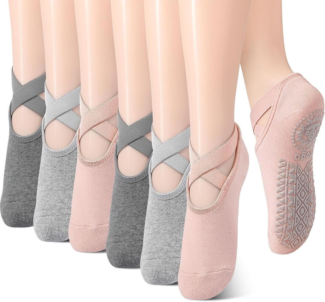 Geyoga 6 Pairs Pilates Socks for Women Non-slip Yoga Socks with Grip Strap for Barre Ballet Dance Barefoot Workout Plasticity (One Size, Nude Gray Dark Gray)