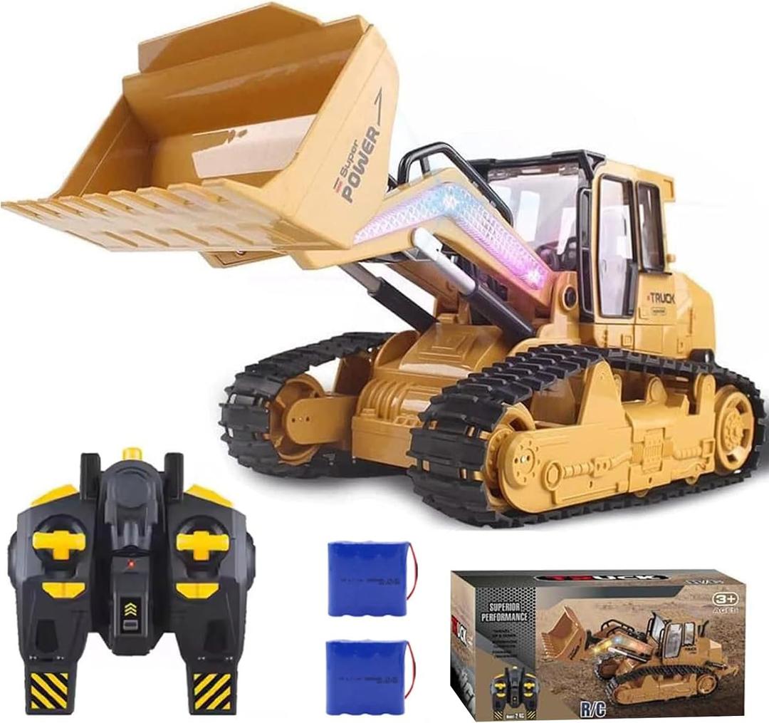 RC Bulldozer, 10 Channel Remote Control Construction Truck, rc Loader, RC Kids Play Toys, with Lights and Sound, rc Track Type Tractor for Kids Birthday Gift, 2 Batteries