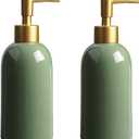2Pack Ceramic Soap Dispenser Green with Gold Pump,Modern Design Cylindrical Lotion Dispenser Bottle,Refillable Liquid Hand Soap Dispenser for Kitchen,Bathroom,Washroom