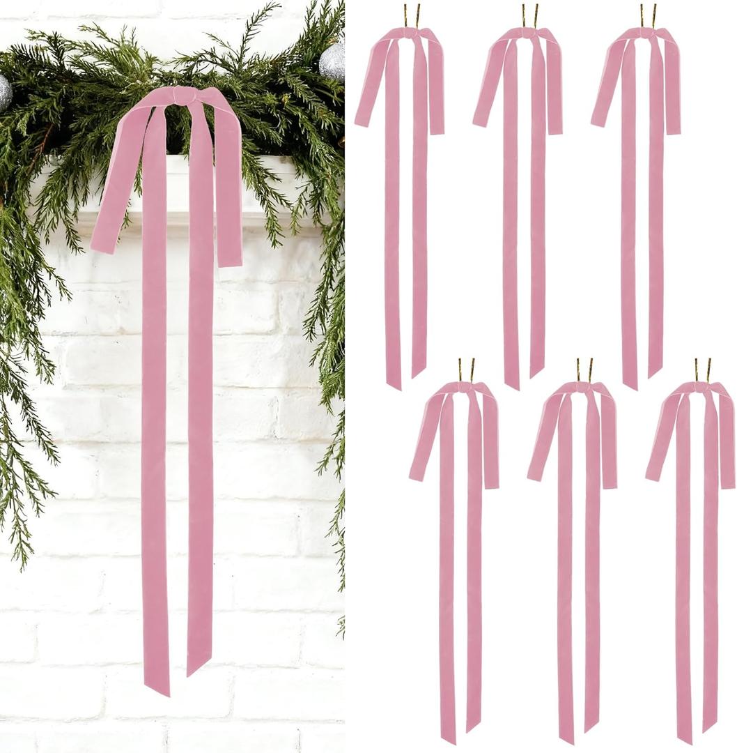 6 PCS 23x15 inches Dusty Pink Velvet Christmas Ribbon Bow Pre-Tied Twist Bows Ribbon for Crafts Gift Wrapping Bakery Candy Bags Swag Bow Wedding Christmas Tree Wreath