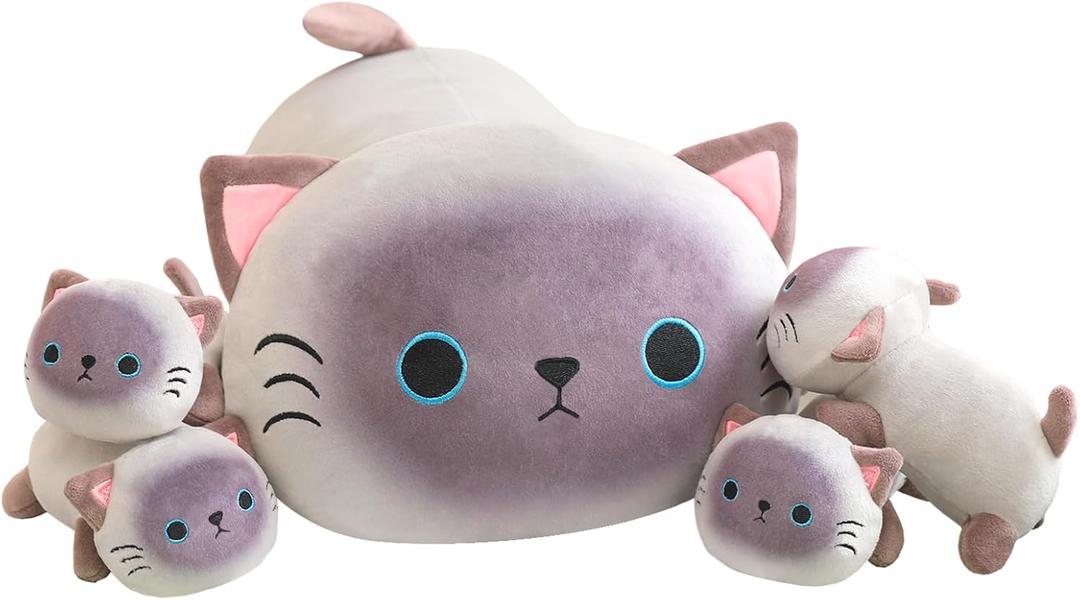 Siamese Cat Plush Cute Siamese Cat Stuffed Animal Pillow with 4 Baby Plushies in Her Tummy, Soft Cotton Stuffed Animals Toy Gifts for Kids