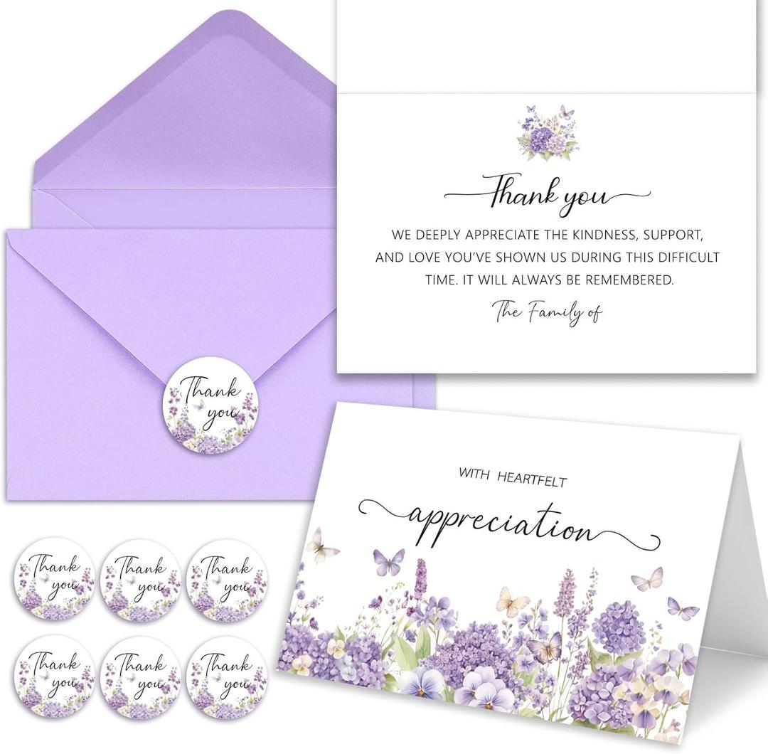 Funeral Thank You Cards with Envelopes, Set of 50, Purple Watercolor Butterfly Floral Design Message Inside 4x6In Sympathy Thank You Card for Funeral Bereavement