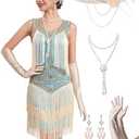 RRYIO 1920s Flapper Dresses for Women,Lace V Neck Great Gatsby Dresses Fringed Roaring 20s (Light Blue, XL)