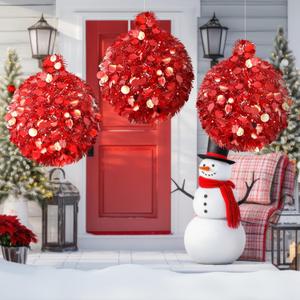 ShinyRelief 3 Pack 12 Inch Red Christmas Ornaments Balls Extra Large Hanging Decor Foldable Collapsible Tinsel Sequin Glitter Modern Indoor Outdoor Reusable Party Decor for Ceiling Porch Yard House