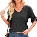 Dokotoo Women's Tops Dressy Casual V Neck Short Sleeve Rolled Hem Loose Blouses T Shirts (Black, XL)