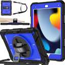 BMOUO Case for iPad 9th/8th/7th Generation 10.2", Shockproof 360 Rotating Stand Shoulder Hand Strap for iPad 9th/8th/7th Gen Case with Pencil Holder for iPad 10.2 inch 2021/2020/2019, Deep Blue